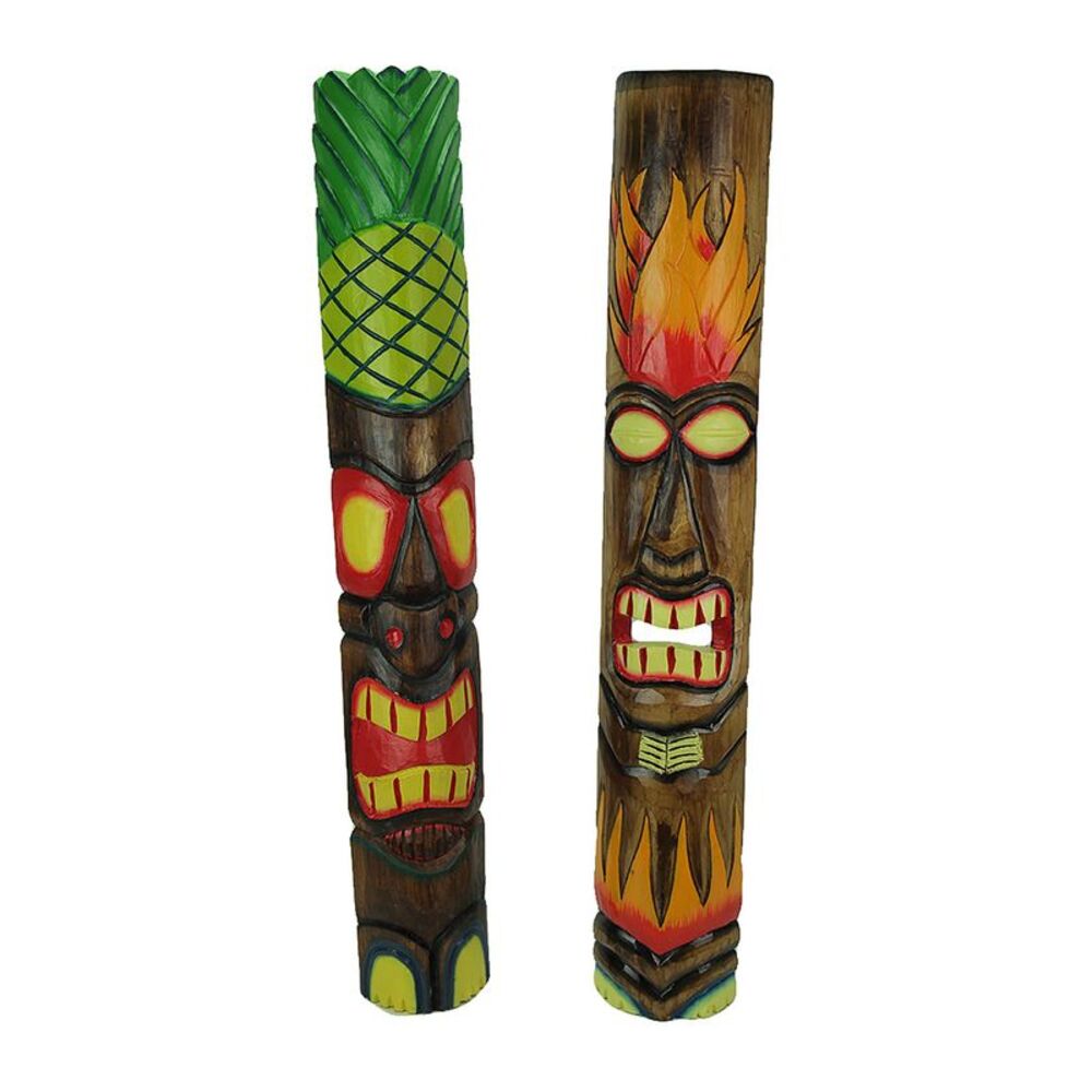 39 inch Tall Hand Crafted Wooden Tiki Totem Wall Mask Set of 2